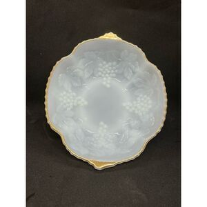 VTG Anchor Hocking Milk Glass Raised Bowl with Gold Trim Grape Leaves Design